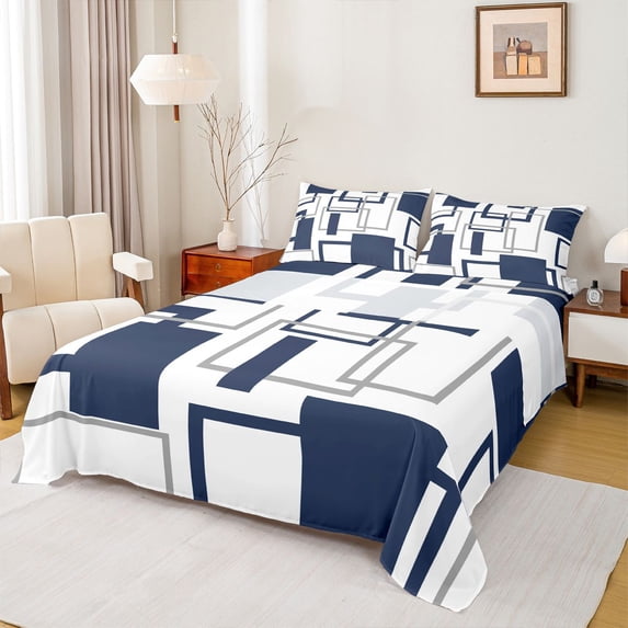 Manfei Geometric Square Bed Sheets, Abstract Minimalist Fuul Size Sheets, Navy Gray White, Reversible 4-Piece1 Flat Sheet + 1 Fitted Sheet + 2 Pillowcases