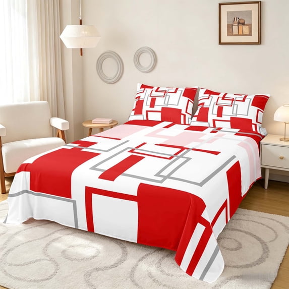 Manfei Geometric Square Bed Sheets, Abstract Minimalist Fuul Size Sheets, Red Gray White, Reversible 4 Pieces1 Flat Sheet + 1 Fitted Sheet + 2 Pillowcases