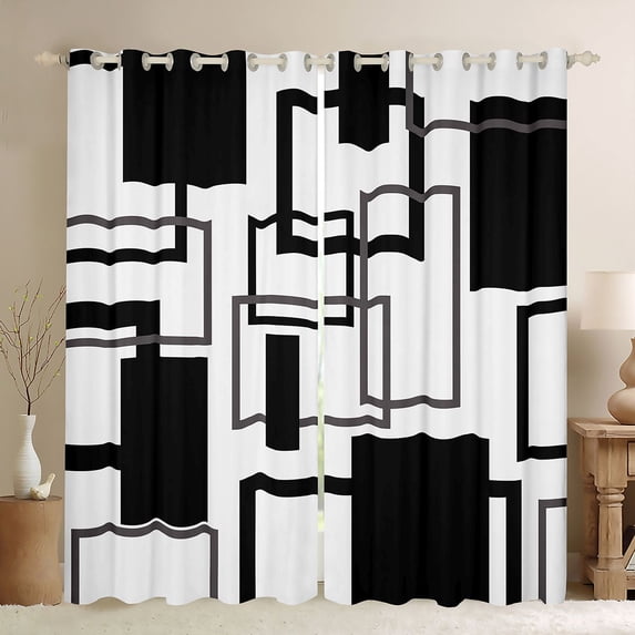 Manfei Geometric Square Blackout Curtains Set of 2 (52x84 Each), Abstract Minimalist Curtain, Black Gray White