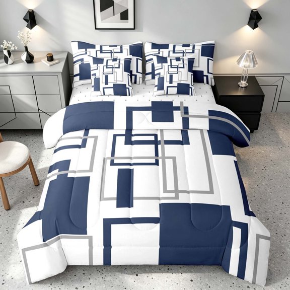 Manfei Geometric Square Full Size Bedding Sets, Abstract Minimalist Full Size Bed in a Bag, Navy Gray White, Reversible 7pcs