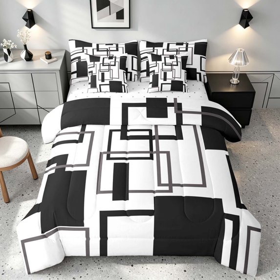 Manfei Geometric Square Queen Bedding, Abstract Minimalist Bedding Comforter Set Queen, Black Gray White, Reversible 7 Pieces
