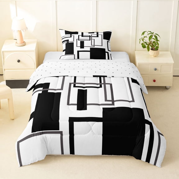 Manfei Geometric Square Twin Comforter Sets, Abstract Minimalist Bedding Set, Black Gray White, Reversible 2pcs, 1 Comforter and 1 Pillowcase