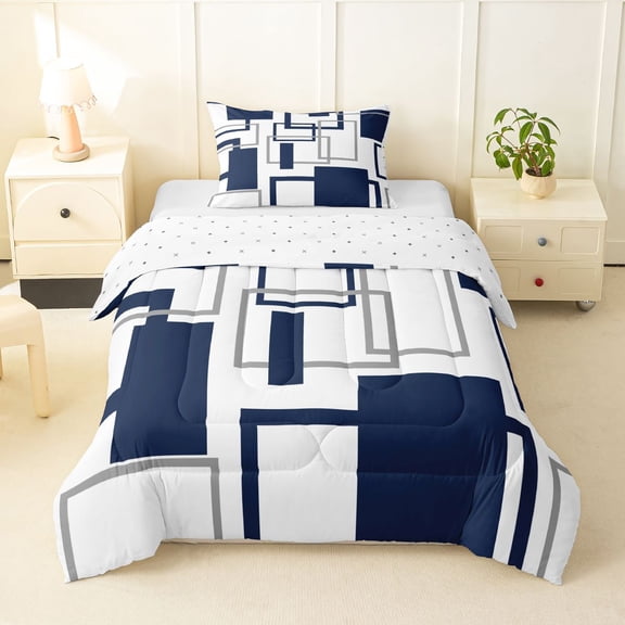 Manfei Geometric Square Twin Comforter Sets, Abstract Minimalist Bedding Set, Navy Gray White, Reversible 2-Piece, 1 Comforter and 1 Pillowcase