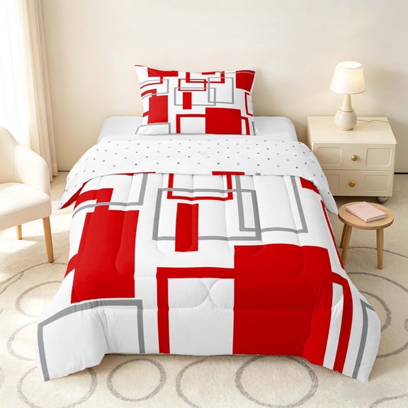 Manfei Geometric Square Twin Comforter Sets, Abstract Minimalist Bedding Set, Red Gray White, Reversible 2 Pieces, 1 Comforter and 1 Pillowcase