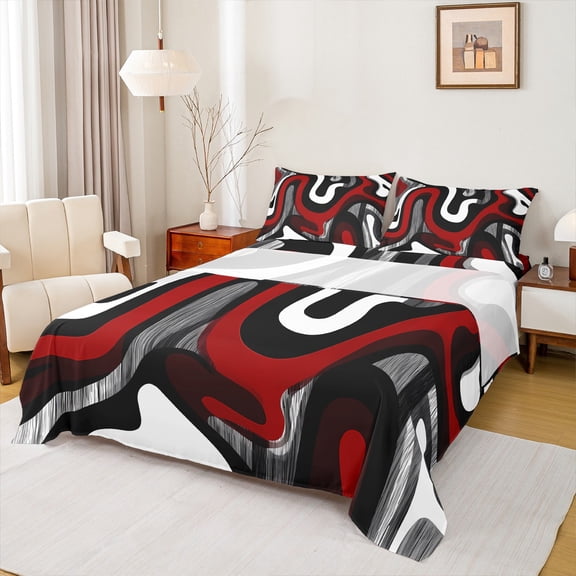 Manfei Geometric Square Twin Sheet Sets 3pcs, Aesthetic Gray Black Red Twin Fitted Sheet, Modern Abstract Art Flat Sheet, Lightweight Room Decor