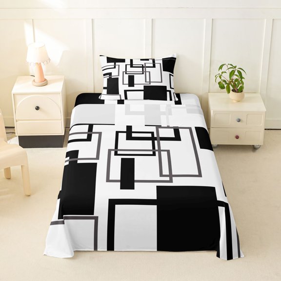 Manfei Geometric Square Twin Sheets, Abstract Minimalist Bedding, Black Gray White, Reversible 3pcs1 Flat Sheet + 1 Fitted Sheet + 1 Pillowcase