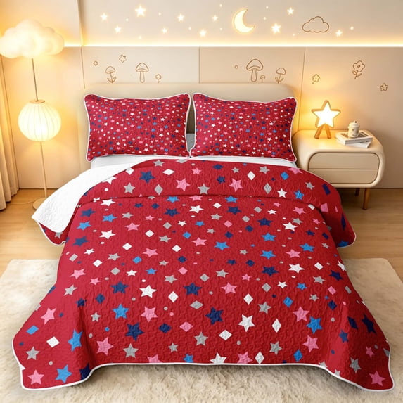 Manfei Geometric Stars Rhombus Twin Quilt Set,Cute Cartoon Themed Twin Coverlet Set,Red,Black Reversible,2pcs,1 Bedspread and 1 Pillowcase