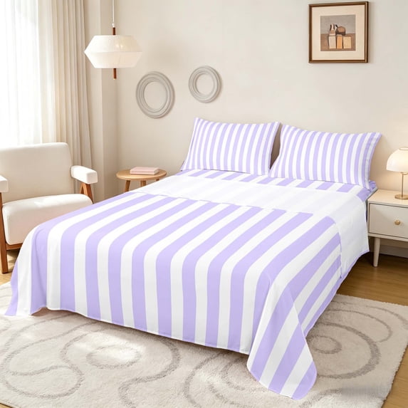Manfei Geometric Stripe Bed Sheets,Contemporary Minimalist Fuul Size Sheets, Lavender White, Reversible 4 Pieces1 Flat Sheet + 1 Fitted Sheet + 2 Pillowcases