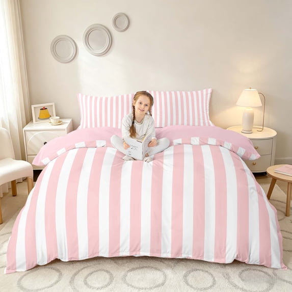 Manfei Geometric Stripe Duvet Cover Queen,Contemporary Minimalist Queen Bedding, Pink White, Pink Reversible 3pcs, 1 Duvet Cover and 2 Pillowcases