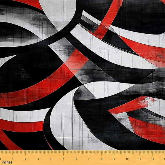 Manfei Geometric Stripe Fabric by the Yard (5 Yards), Abstract Lines Decorative Fabric by the Yard, Black Red White Sewing & Crafting Fabric, Stylish Bedroom Decor