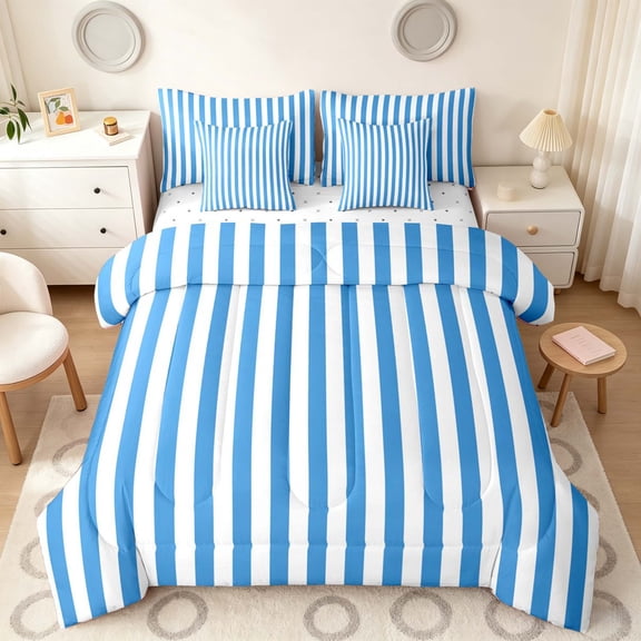 Manfei Geometric Stripe Full Size Bedding Sets,Contemporary Minimalist Full Size Bed in a Bag, Blue White, Reversible 7pcs