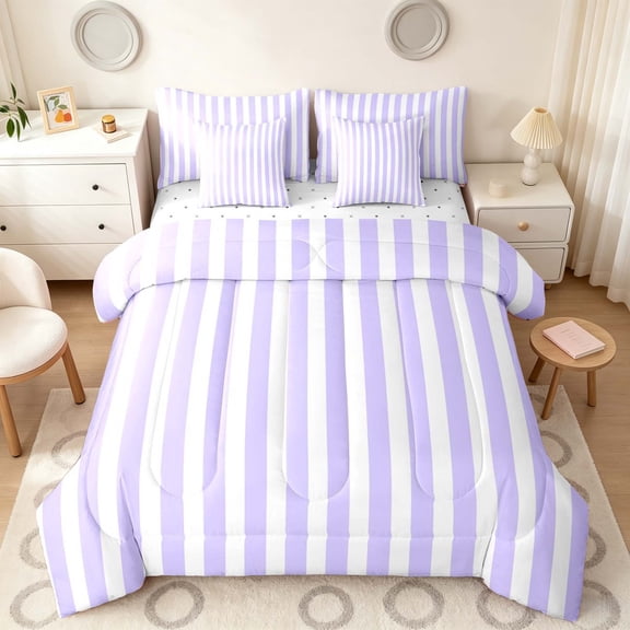 Manfei Geometric Stripe Full Size Bedding Sets,Contemporary Minimalist Full Size Bed in a Bag, Lavender White, Reversible 7-Piece