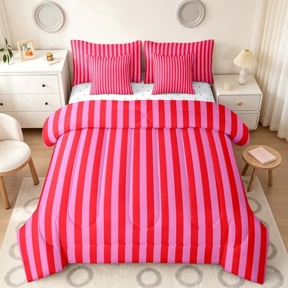 Manfei Geometric Stripe Full Size Bedding Sets, Contemporary Minimalist Full Size Bed in a Bag, Red Pink, Reversible 7 Pieces