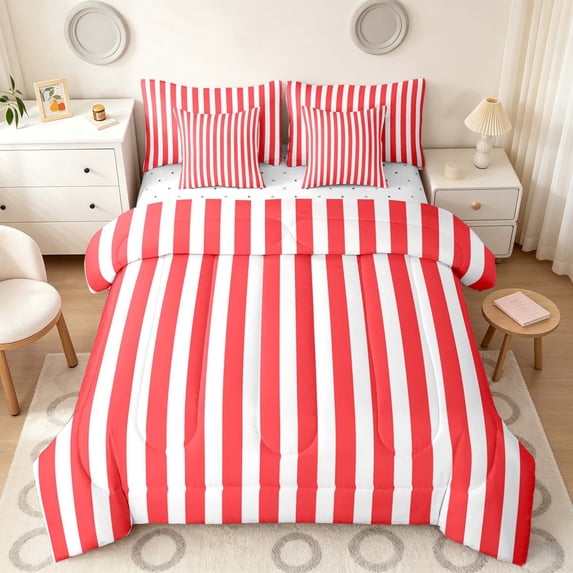 Manfei Geometric Stripe King Bedding,Contemporary Minimalist King Bed in a Bag, Red White, Reversible 7-Piece