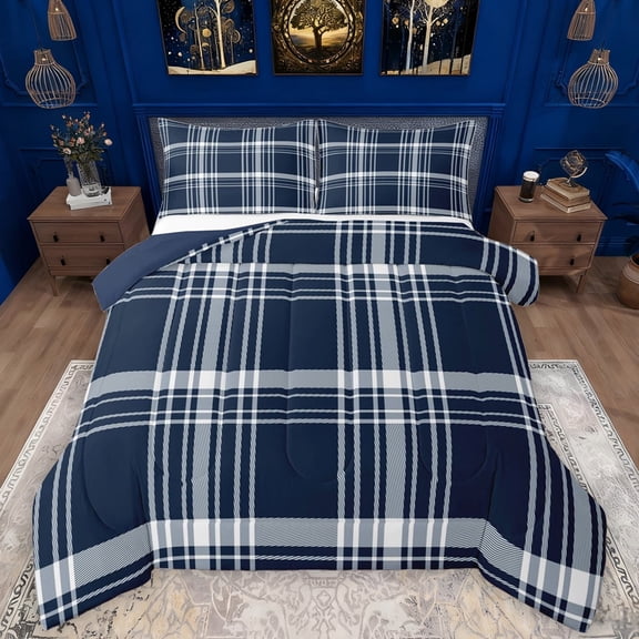 Manfei Geometric Stripe Plaid Full Size Comforter Sets,Modern Minimalism Aesthetic Bedding Comforter Set,White Deepblue Bedding Sets For Adults,Super Cozy Room Decor Reversible,3pcs