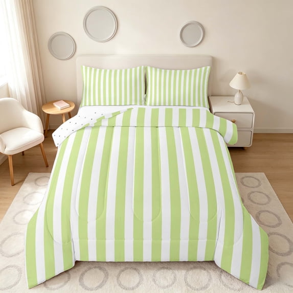 Manfei Geometric Stripe Queen Comforter Set,Contemporary Minimalist Comforter Sets Queen, Light Green White, Reversible 3pcs, 1 Comforter and 2 Pillowcases