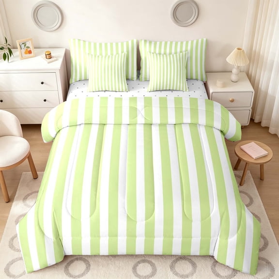 Manfei Geometric Stripe Twin Bedding,Contemporary Minimalist Bedding Comforter Set, Light Green White, Reversible 7 Pieces