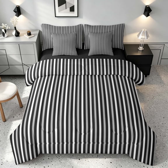 Manfei Geometric Stripe Twin Bedding, Gray Black White Minimalist Bedding Comforter Set, Black Reversible 7pcs