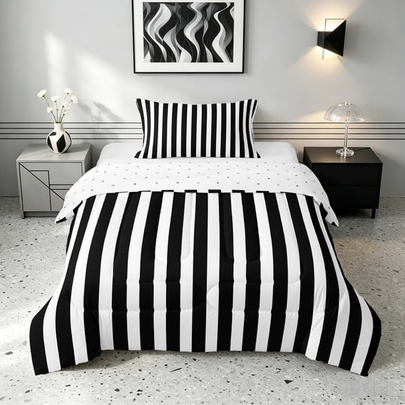 Manfei Geometric Stripe Twin Comforter Sets,Contemporary Minimalist Bedding Set, Black White, Reversible 2 Pieces, 1 Comforter and 1 Pillowcase