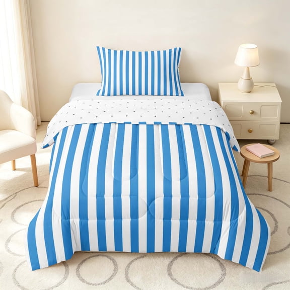 Manfei Geometric Stripe Twin Comforter Sets,Contemporary Minimalist Bedding Set, Blue White, Reversible 2-Piece, 1 Comforter and 1 Pillowcase