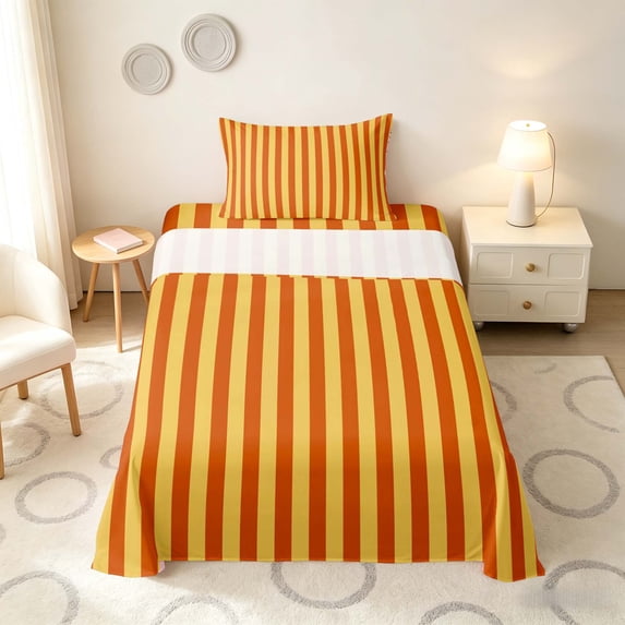 Manfei Geometric Stripe Twin Sheets,Contemporary Minimalist Bedding, Orange Yellow, Reversible 3 Pieces1 Flat Sheet + 1 Fitted Sheet + 1 Pillowcase