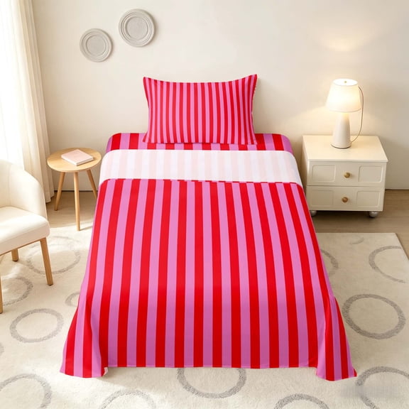 Manfei Geometric Stripe Twin Sheets, Contemporary Minimalist Bedding, Red Pink, Reversible 3pcs1 Flat Sheet + 1 Fitted Sheet + 1 Pillowcase