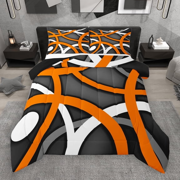 Manfei Geometric Striped Artistic Queen Comforter Set,Abstract Circle Circular Bedding Sets,Orange Gray Black Bedding Comforter Set For Cboys Kids,Breathable Home Decor Reversible,3 Pieces