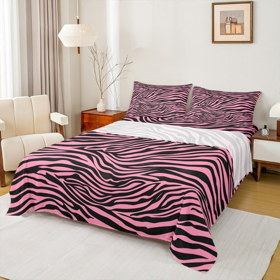 Manfei Geometric Stripes 4 Pieces Queen Sheet Sets,Black Pink Ultra Soft Flat Sheet,Zebra Print Queen Fitted Sheet,Abstract Room Decor