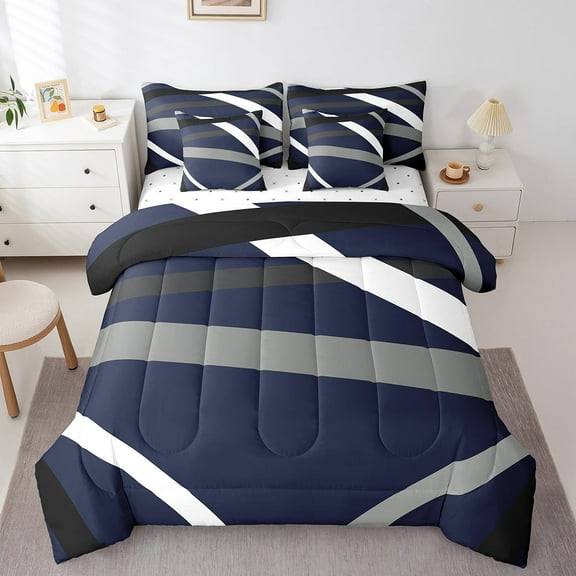 Manfei Geometric Stripes 7-Piece Bedding Comforter Set,Abstract Artwork King Bedding Sets,Gradient Lines Ultra Soft Bed Sheets,Lightweight Minimalist Room Decor,Reversible