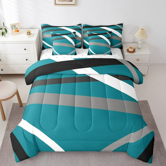 Manfei Geometric Stripes 7 Pieces Bedding Comforter Set,Abstract Artwork Full Bedding Set Lightweight,Gradient Lines Fitted Sheet Flat Sheet,Lightweight Minimalist Room Decor,Reversible