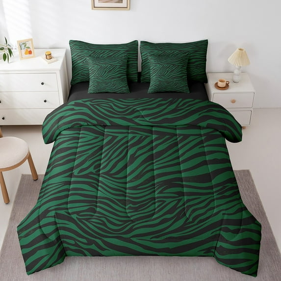 Manfei Geometric Stripes 7 Pieces Bedding Comforter Set,Black Green Full Bedding Set Lightweight,Zebra Print Fitted Sheet Flat Sheet,Microfiber Abstract Room Decor,Reversible