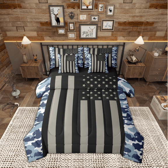 Manfei Geometric Stripes 7 Pieces Bedding Comforter Set,Blue Camo Camouflage Full Bedding Set,Gray Lines Fitted Sheet Flat Sheet For Teens,Ultra Soft Home Decor Reversible