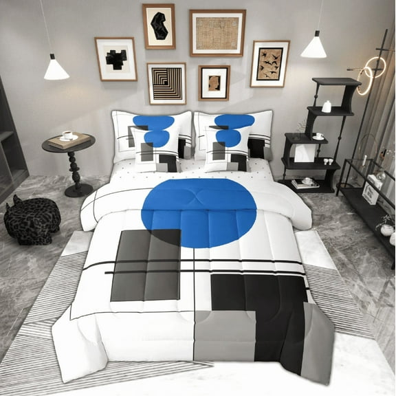 Manfei Geometric Stripes Bedding Comforter Set 7pcs,Minimalist Geometric Aesthetic Queen Bedding Sets,Blue White Black Queen Sheet Sets,Breathable Home Decor