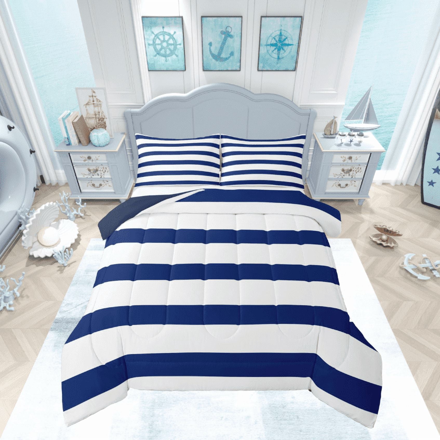 Manfei Geometric Stripes Bedding Sets Queen with Comforter, Navy White Duvet Insert, Teenager Boys Girls Reversible Comforter Sets Queen Size, Microfiber Room Decorative, 3pcs