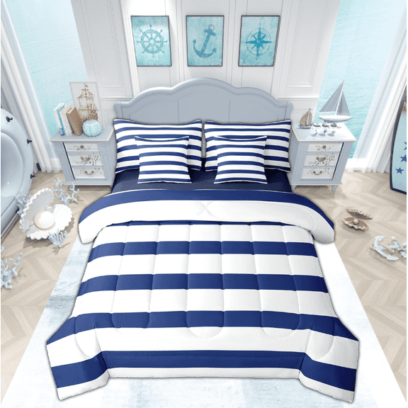 Manfei Geometric Stripes Bedding Sets Twin Size, Navy White Bed in a Bag Twin size, Teenager Boys Girls Reversible Comforter Sets with Sheets, Microfiber Room Decorative, 7pcs