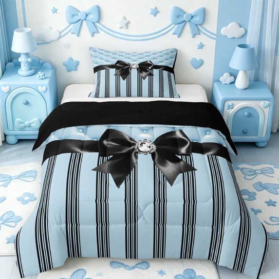 Manfei Geometric Stripes Print Twin Comforter Sets,Kawaii Bowknot Bedding Set,Black Reversible,2 Pieces,1 Comforter and 1 Pillowcase