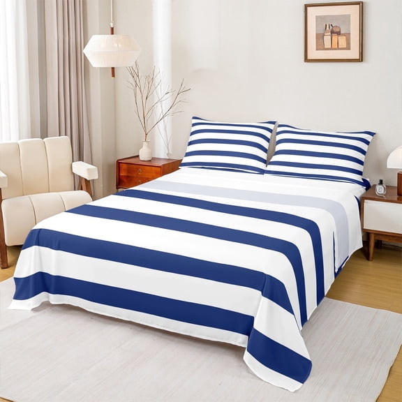 Manfei Geometric Stripes Sheet Set Twin, Navy White Bed Sheets Set Twin Size, Teenager Boys Girls Twin Sheet Sets, Microfiber Room Decorative, 3pcs