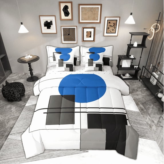 Manfei Geometric Stripes Twin Bedding Sets 7-Piece,Minimalist Geometric Aesthetic Bedding Comforter Set,Blue White Black Sheet Sets,Breathable Home Decor