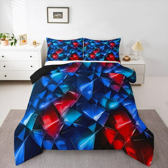Manfei Geometric Theme 2pcs Bedding Comforter Set,Blue Red Twin Comforter Sets,Abstract Triangle Bedding Set,Lightweight Teenager Bedroom Decor,Reversible