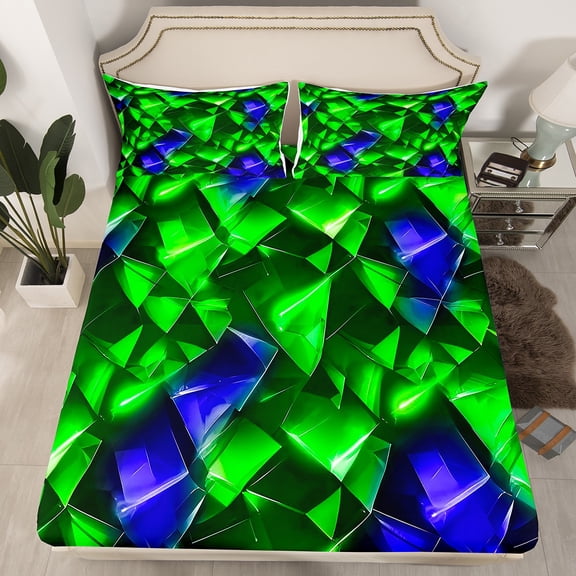 Manfei Geometric Theme 4 Pieces Queen Sheet Sets,Blue Green Ultra Soft Flat Sheet,Abstract Triangle Queen Fitted Sheet,Teenager Bedroom Decor