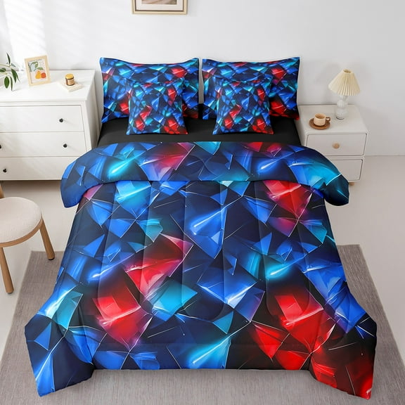 Manfei Geometric Theme 7-Piece Bedding Comforter Set,Blue Red King Bedding Sets,Abstract Triangle Ultra Soft Bed Sheets,Lightweight Teenager Bedroom Decor,Reversible