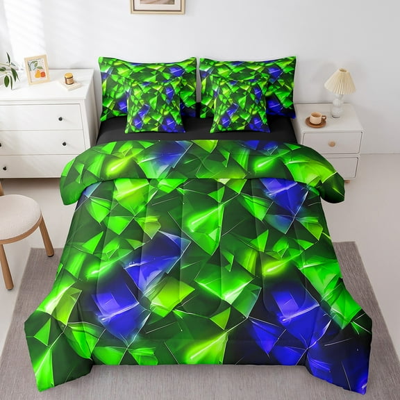 Manfei Geometric Theme 7-Piece Twin Bedding Sets,Blue Green Bedding Comforter Set,Abstract Triangle Breathable Sheet Sets,Lightweight Teenager Bedroom Decor,Reversible