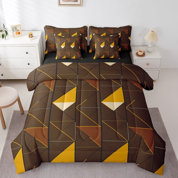 Manfei Geometric Triangle 7-Piece Bedding Comforter Set,Black Yellow King Bedding Sets,Abstract Artwork Ultra Soft Bed Sheets,Lightweight Sqare Room Decoration,Reversible