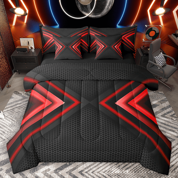 Manfei Geometric Triangle Bedding Comforter Set 7pcs, Black Red King Bedding Sets, Neon Red Lights Bed Sheets, Microfiber Bedroom Decor