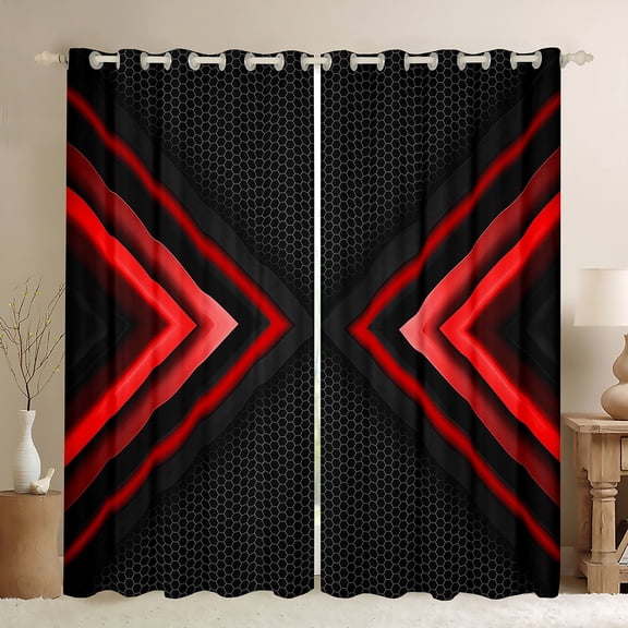 Manfei Geometric Triangle Black Out Curtains, Black Red Curtains Pack of 2 (42x63 Each), Neon Red Lights Bedroom Curtains, Luxury Bedroom Decor
