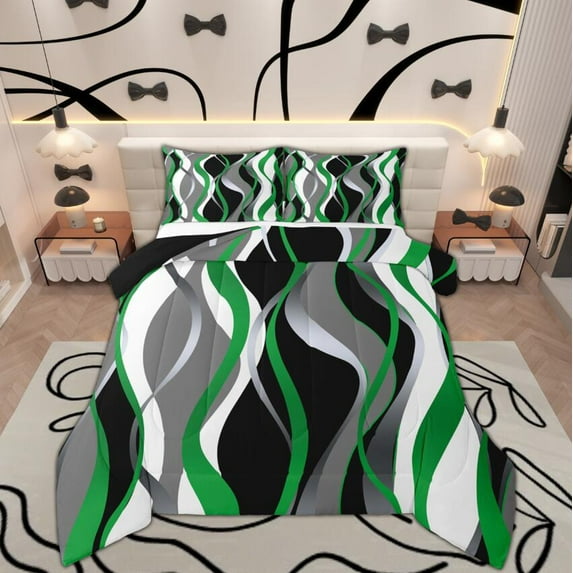 Manfei Geometric Wave Stripe Bedding Comforter Set, Black Green Gray White Twin Comforter Sets, Modern Abstract Art Bedding Set, Ultra Soft Bedroom Decor, Reversible 2 Pieces
