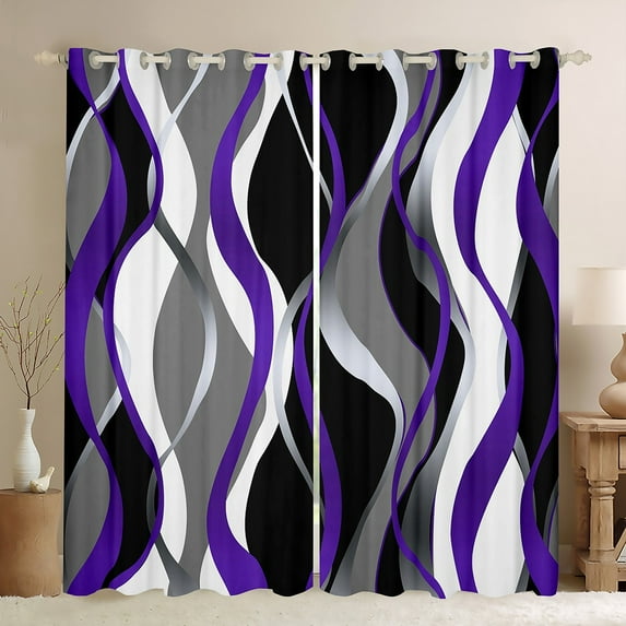 Manfei Geometric Wave Stripe Blackout Curtains Set of 2 (38x54 Each), Black Purple Gray White Curtains and Drapes, Modern Abstract Art Living Room Curtains, Ultra Soft Bedroom Decor