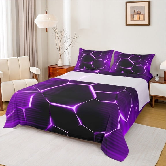 Manfei Geometrical Geometric Bed Sheets Set Twin Size,Neon Geometric Bedding Sets Twin Size,Black Purple Honeycomb Bed Sheets Twin,Uper Cozy Room Decorative,3 Pieces