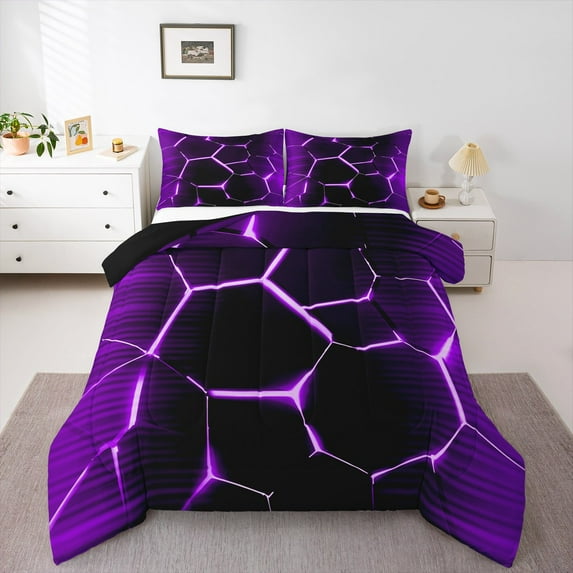 Manfei Geometrical Geometric Bedding Sets Full with Comforter,Neon Geometric Duvet Insert,Black Purple Honeycomb Comforter Sets Full Size,Uper Cozy Room Decorative Reversible,3pcs