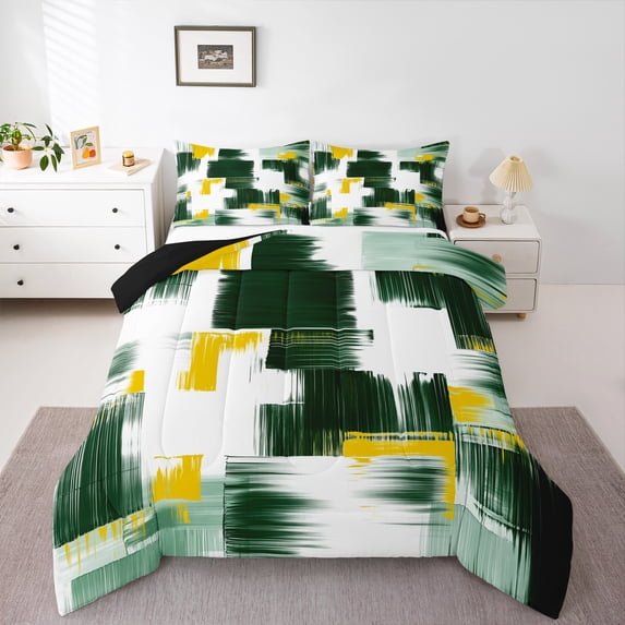 Manfei Geometric Artwork Bedding Comforter Set,Modern Graffiti Twin Comforter Sets,Gradient Green Yellow White Bedding Set For Child,Microfiber Bedroom Decor Reversible,2 Pieces
